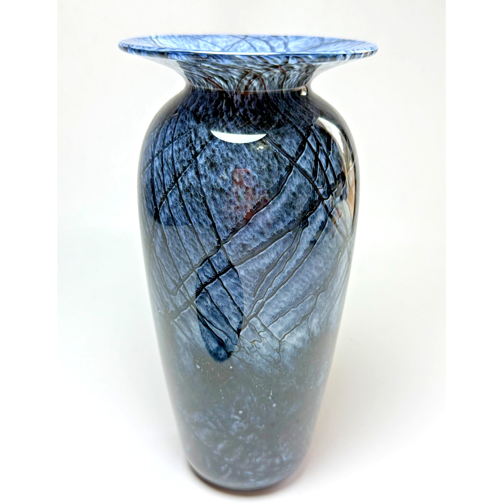 Vintage Signed 8" Nourot Art Glass Studio Vase Blue Gray Black Marble CV 84 DLL